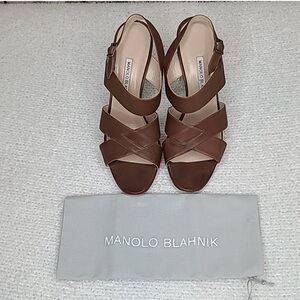 Manolo Blahnik gorham leather slingback block heel sandal in brown